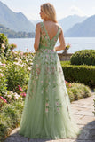 Green Floral V Neck A Line Appliqued Prom Dress