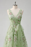 Green Floral V Neck A Line Appliqued Prom Dress
