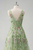 Green Floral V Neck A Line Appliqued Prom Dress