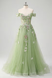 Off The Shoulder Floral Corset Green A Line Prom Dress
