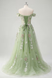Off The Shoulder Floral Corset Green A Line Prom Dress
