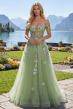 Off The Shoulder Floral Corset Green A Line Prom Dress