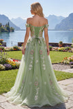 Off The Shoulder Floral Corset Green A Line Prom Dress