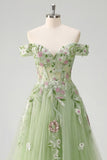 Off The Shoulder Floral Corset Green A Line Prom Dress