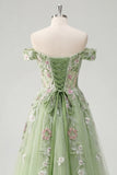 Off The Shoulder Floral Corset Green A Line Prom Dress