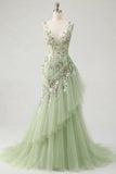 Green Floral V Neck Ruffled Mermaid Appliqued Prom Dress