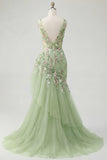 Green Floral V Neck Ruffled Mermaid Appliqued Prom Dress