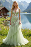 Green Floral V Neck Ruffled Mermaid Appliqued Prom Dress