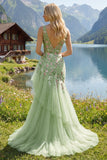 Green Floral V Neck Ruffled Mermaid Appliqued Prom Dress