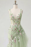 Green Floral V Neck Ruffled Mermaid Appliqued Prom Dress