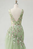 Green Floral V Neck Ruffled Mermaid Appliqued Prom Dress