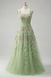Square Neck Green Floral A Line Appliqued Prom Dress