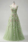 Square Neck Green Floral A Line Appliqued Prom Dress