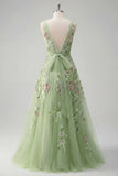 Square Neck Green Floral A Line Appliqued Prom Dress
