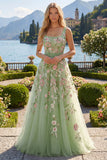Square Neck Green Floral A Line Appliqued Prom Dress