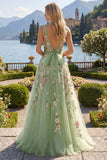 Square Neck Green Floral A Line Appliqued Prom Dress