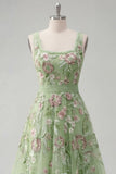 Square Neck Green Floral A Line Appliqued Prom Dress
