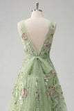 Square Neck Green Floral A Line Appliqued Prom Dress