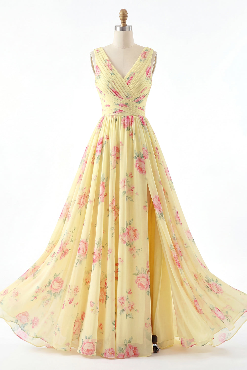 Zapaka Women Butter Yellow Long Floral Prom Dress with Slit V-Neck Ruched A Line Pageant Dress, Yellow / US6 Zapaka Women Butter Yellow Long Floral Prom Dress with Slit V-Neck Ruched A Line Pageant Dress, Yellow / US6