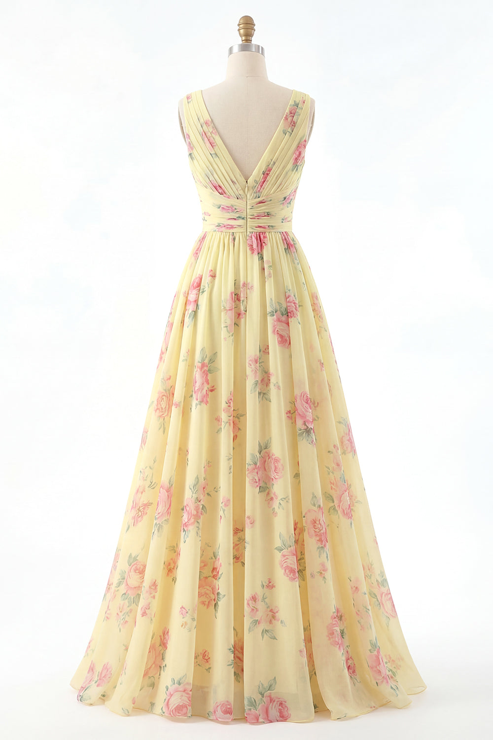 Zapaka Women Butter Yellow Long Floral Prom Dress with Slit V-Neck Ruched A Line Pageant Dress, Yellow / US6