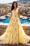 Yellow V-Neck Ruched A Line Floral Prom Dress with Slit