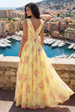 Yellow V-Neck Ruched A Line Floral Prom Dress with Slit