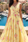 Yellow V-Neck Ruched A Line Floral Prom Dress with Slit