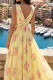 Yellow V-Neck Ruched A Line Floral Prom Dress with Slit