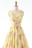 Yellow V-Neck Ruched A Line Floral Prom Dress with Slit