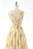 Yellow V-Neck Ruched A Line Floral Prom Dress with Slit