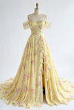 Sparkly Yellow Floral Off the Shoulder Ruffled Long Prom Dress with Beading