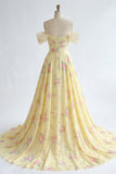 Sparkly Yellow Floral Off the Shoulder Ruffled Long Prom Dress with Beading
