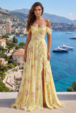 Sparkly Yellow Floral Off the Shoulder Ruffled Long Prom Dress with Beading