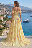 Sparkly Yellow Floral Off the Shoulder Ruffled Long Prom Dress with Beading
