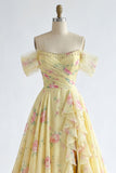 Sparkly Yellow Floral Off the Shoulder Ruffled Long Prom Dress with Beading