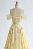 Sparkly Yellow Floral Off the Shoulder Ruffled Long Prom Dress with Beading