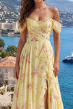 Sparkly Yellow Floral Off the Shoulder Ruffled Long Prom Dress with Beading