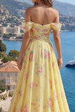 Sparkly Yellow Floral Off the Shoulder Ruffled Long Prom Dress with Beading