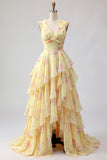 Yellow V-Neck A Line Floral Long Prom Dress with Ruffles