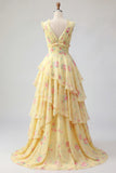 Yellow V-Neck A Line Floral Long Prom Dress with Ruffles
