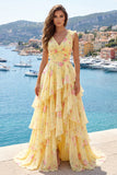 Yellow V-Neck A Line Floral Long Prom Dress with Ruffles