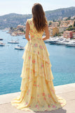 Yellow V-Neck A Line Floral Long Prom Dress with Ruffles