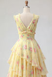 Yellow V-Neck A Line Floral Long Prom Dress with Ruffles