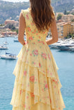 Yellow V-Neck A Line Floral Long Prom Dress with Ruffles
