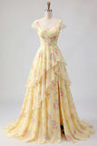 Yellow Cap Sleeves A Line Ruffled Floral Prom Dress with Slit