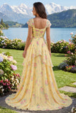 Yellow Cap Sleeves A Line Ruffled Floral Prom Dress with Slit
