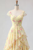 Yellow Cap Sleeves A Line Ruffled Floral Prom Dress with Slit