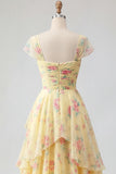 Yellow Cap Sleeves A Line Ruffled Floral Prom Dress with Slit