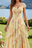 Yellow Cap Sleeves A Line Ruffled Floral Prom Dress with Slit