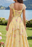 Yellow Cap Sleeves A Line Ruffled Floral Prom Dress with Slit